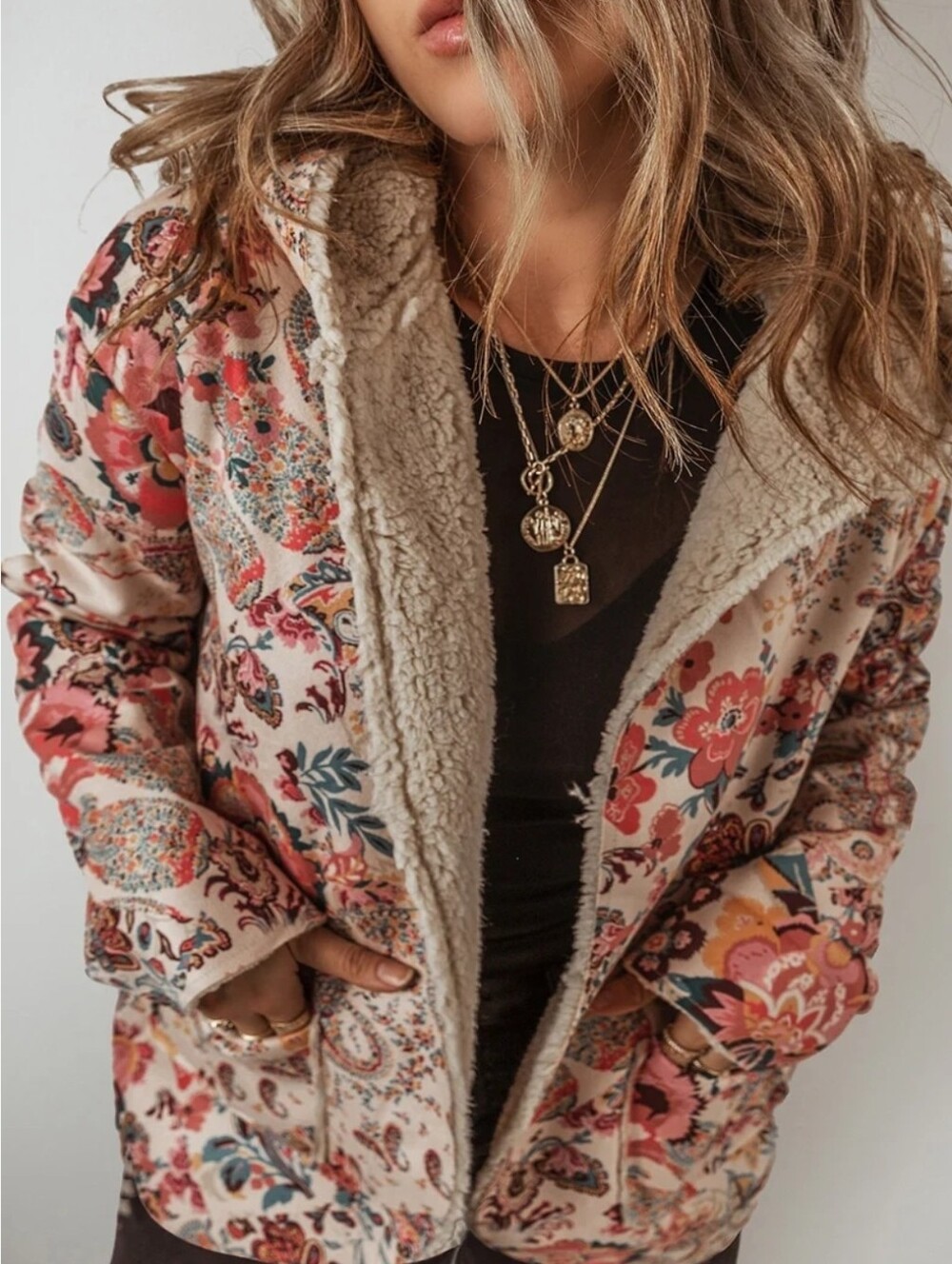 Multicolor Casual Beige Paisley Floral Printed Sherpa Lined Hooded Jacket Size S